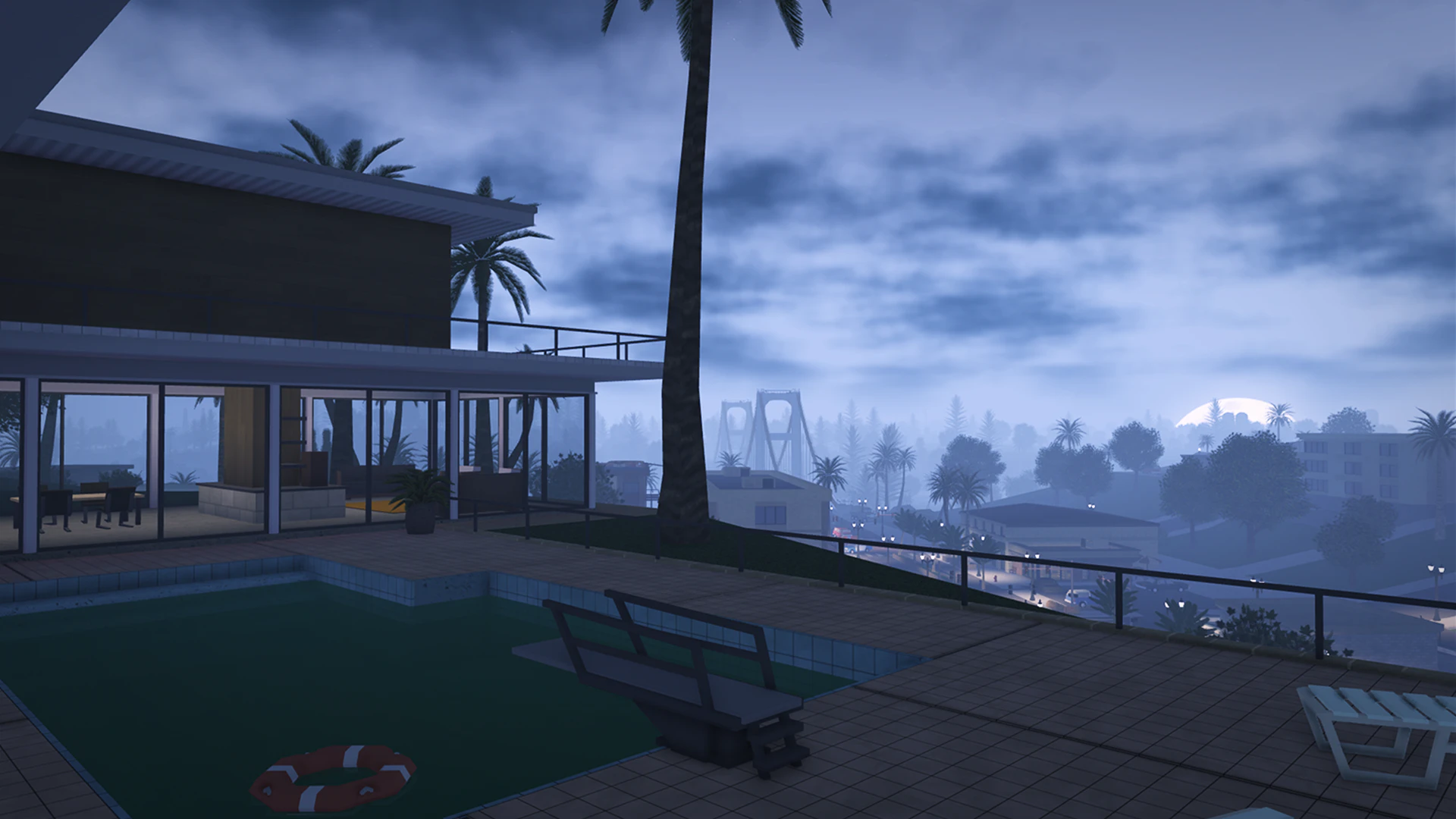 Night view from a glass-walled house with a pool overlooking Fairview