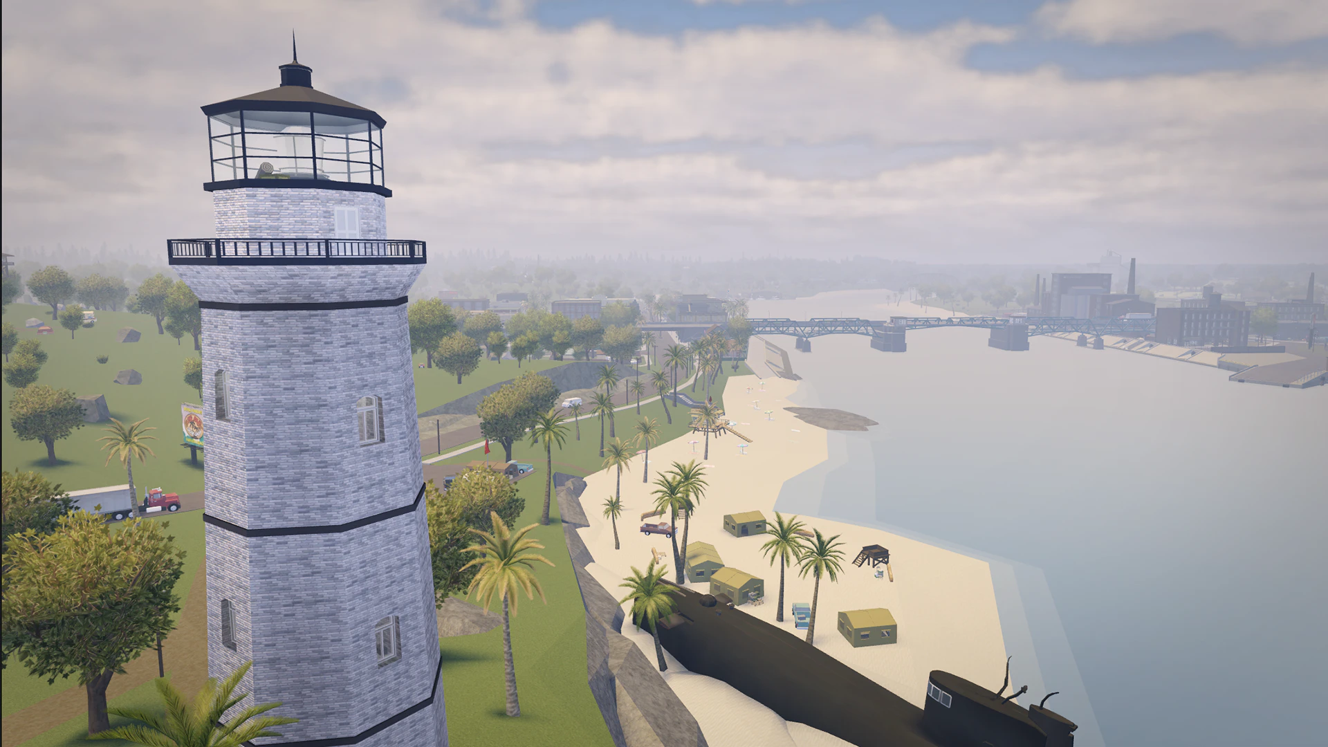 Lighthouse above a coastline with beaches and a river mouth