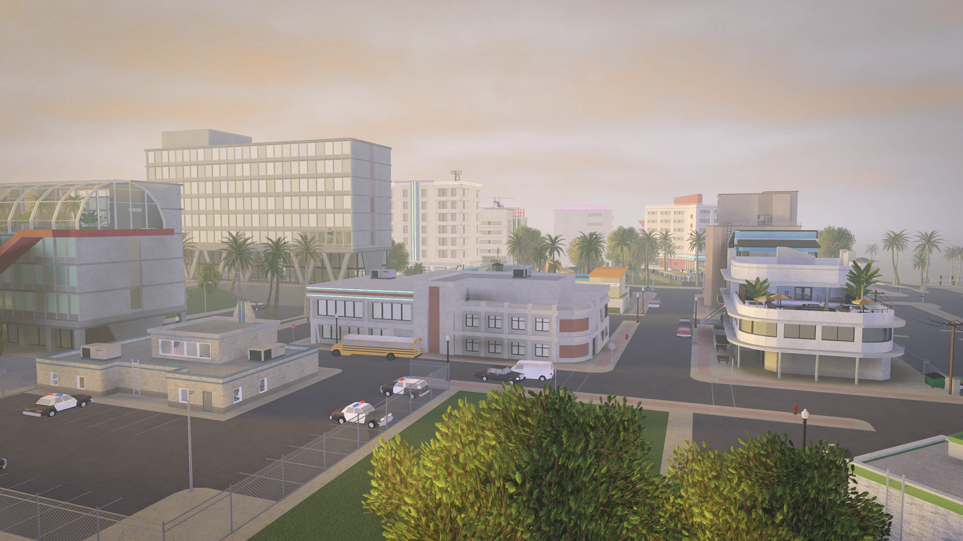 Coastal city of Magnolia with hotels, offices and a parking lot