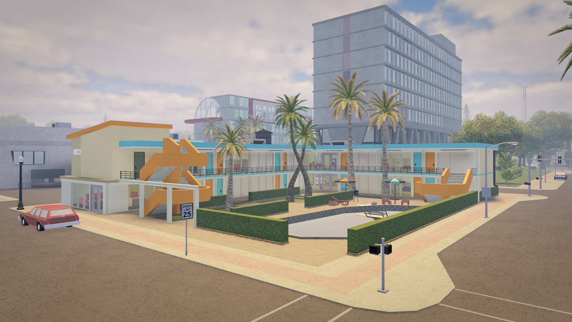 Roadside motel with a pool beneath a tall office tower