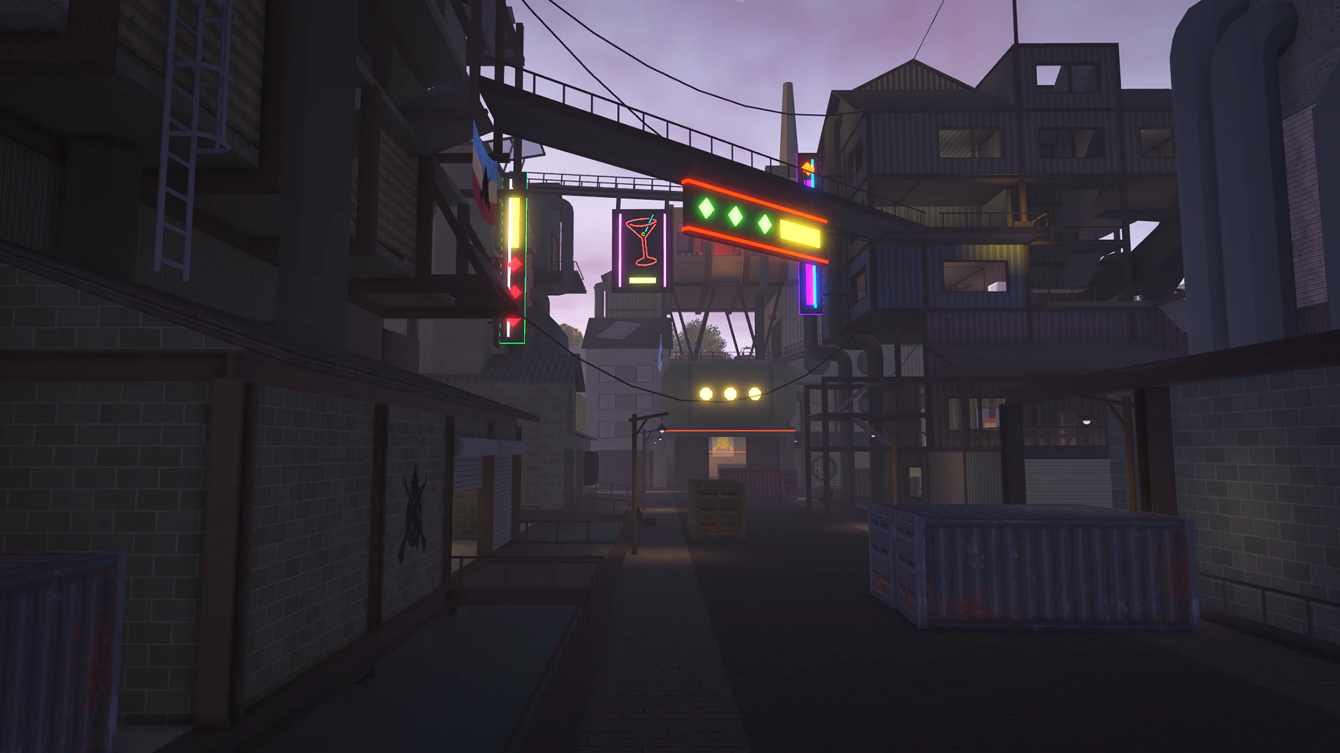 Neon-lit shanty town street at dusk with walkways and shipping containers