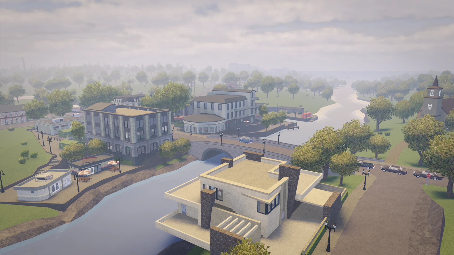 Riverside town of Salem with a canal and stone bridge
