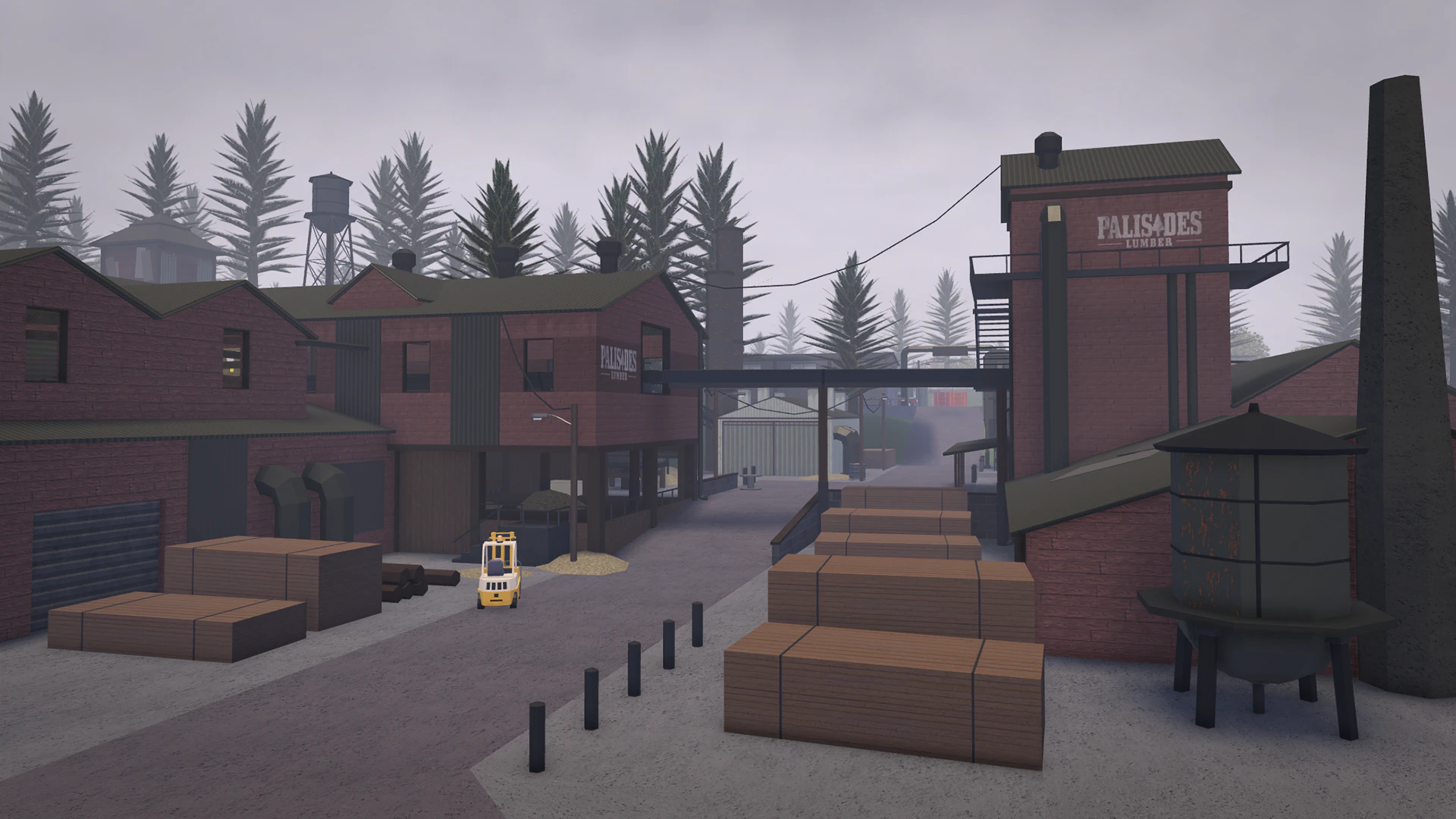 Brick sawmill with stacked lumber and a water tower