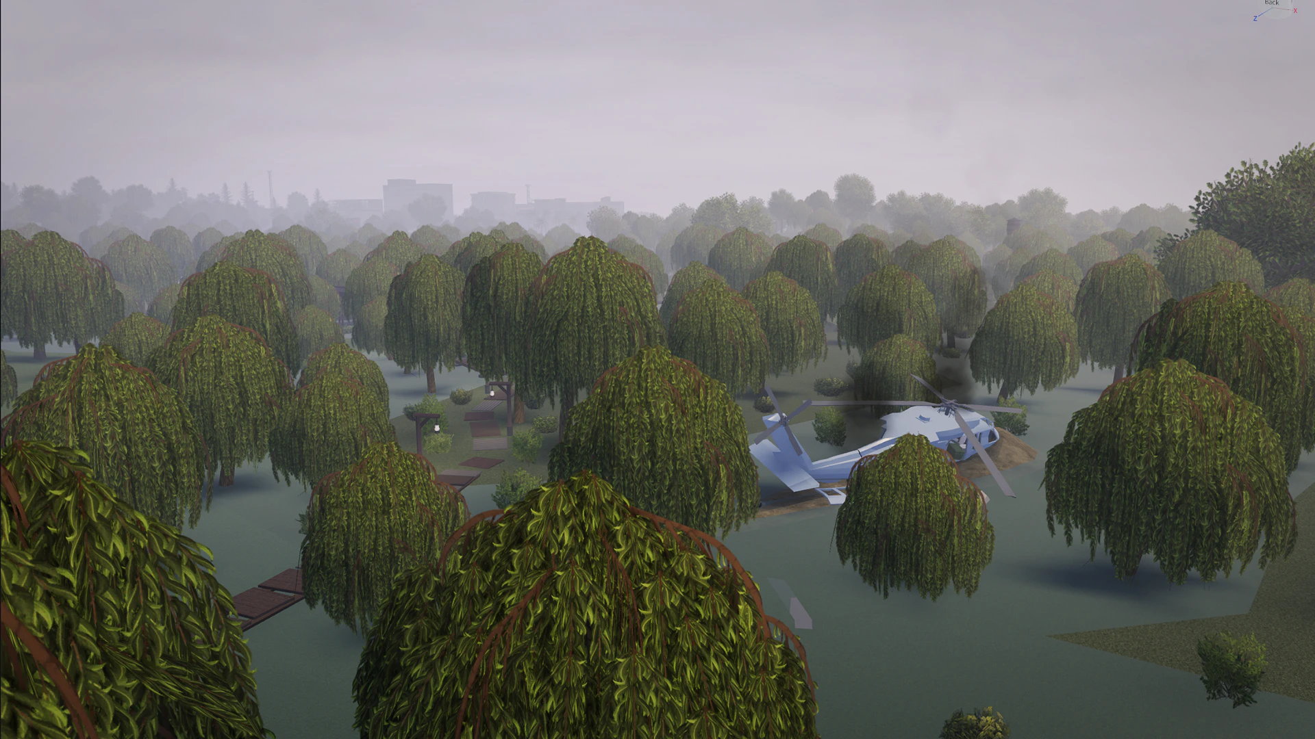 Dense swamp with willow trees and a crashed helicopter