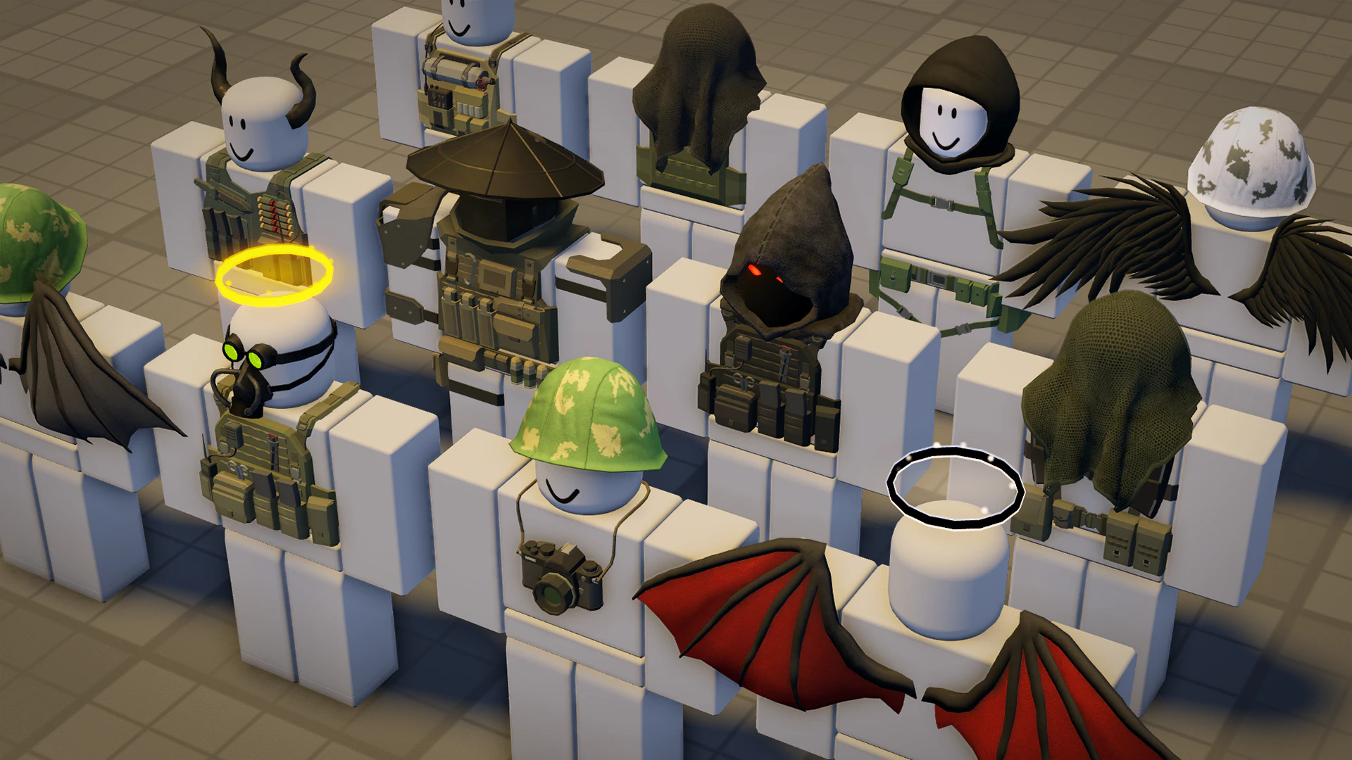 In-engine lineup of AR2 cosmetics: hoods, helmets, vests, wings, halos, horns and a camera