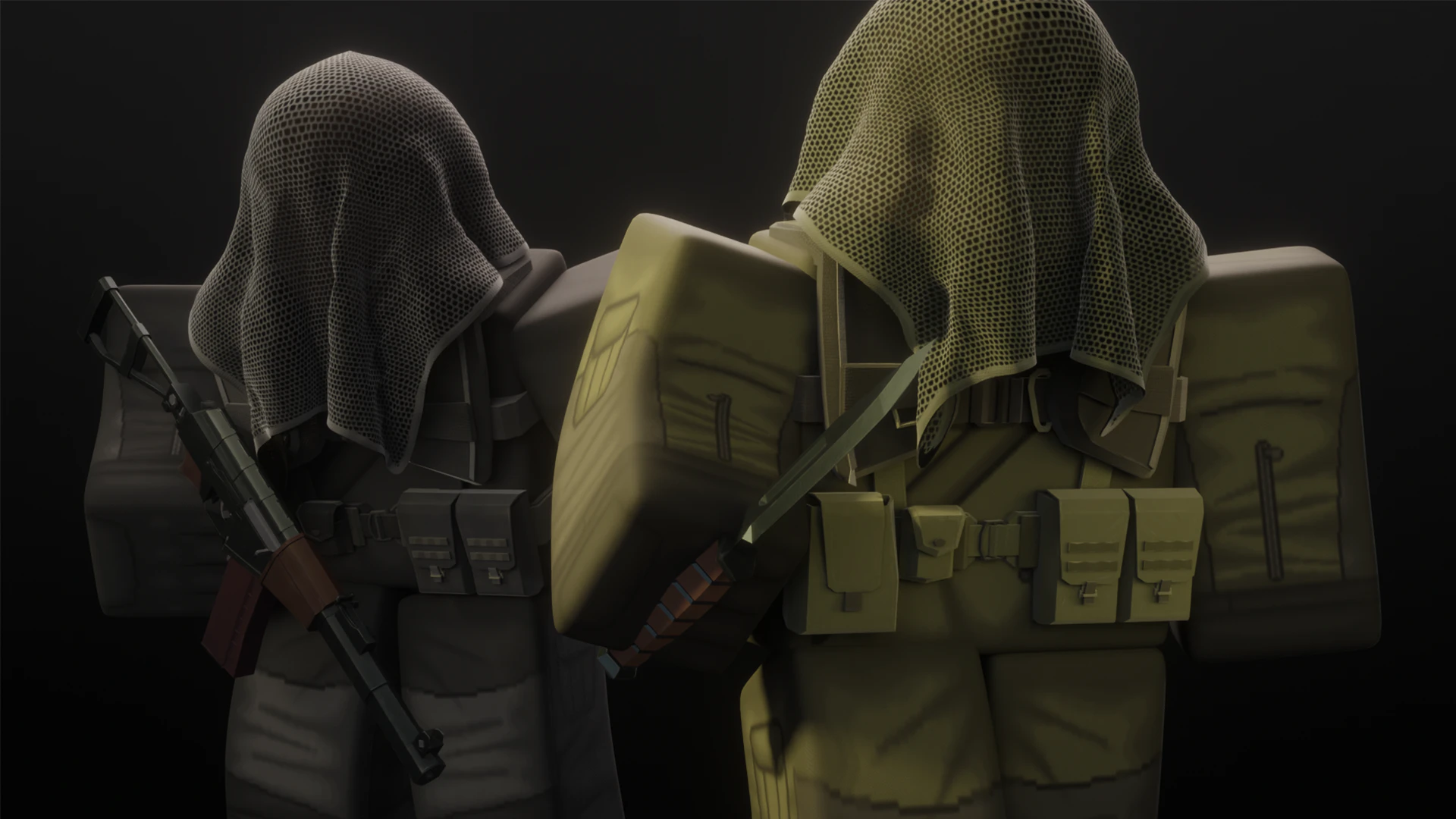 Two characters wearing the Frogman Corps set, rendered from behind