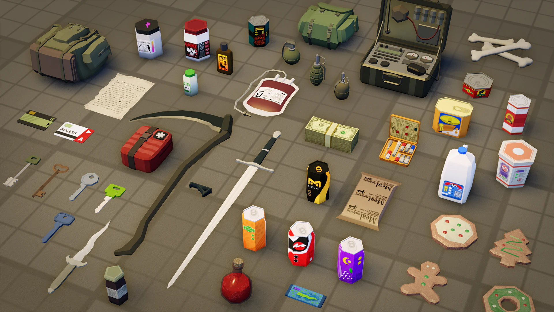 Collection of low-poly gameplay items: food, drinks, medical kits, keys, keycards, grenades, melee weapons, backpacks and holiday cookies