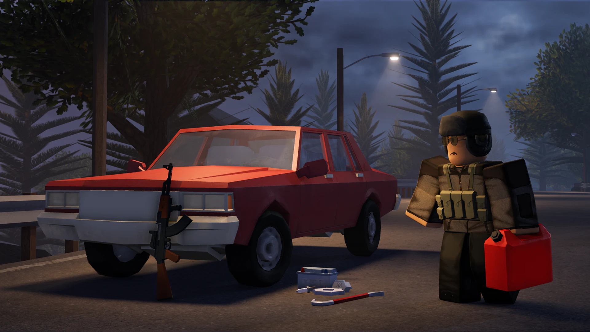 A survivor with a fuel can beside a broken-down red car at night