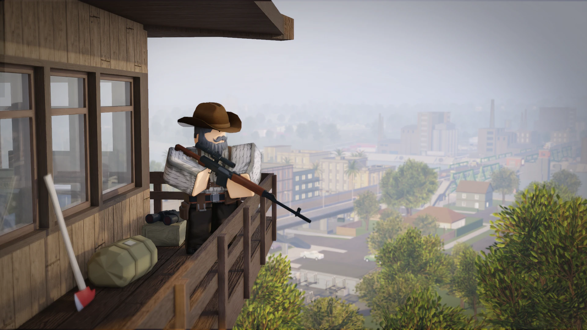 A survivor with a rifle on a lookout tower above a hazy city