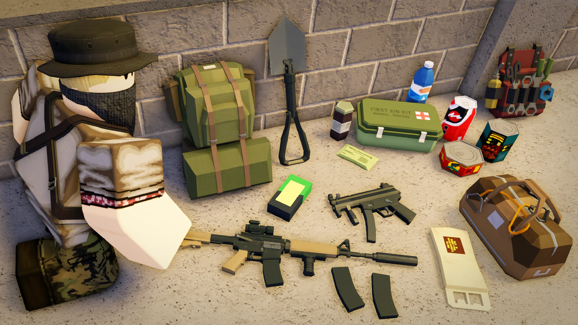 A survivor sitting beside a pile of loot: rifles, backpacks, a first aid kit and food