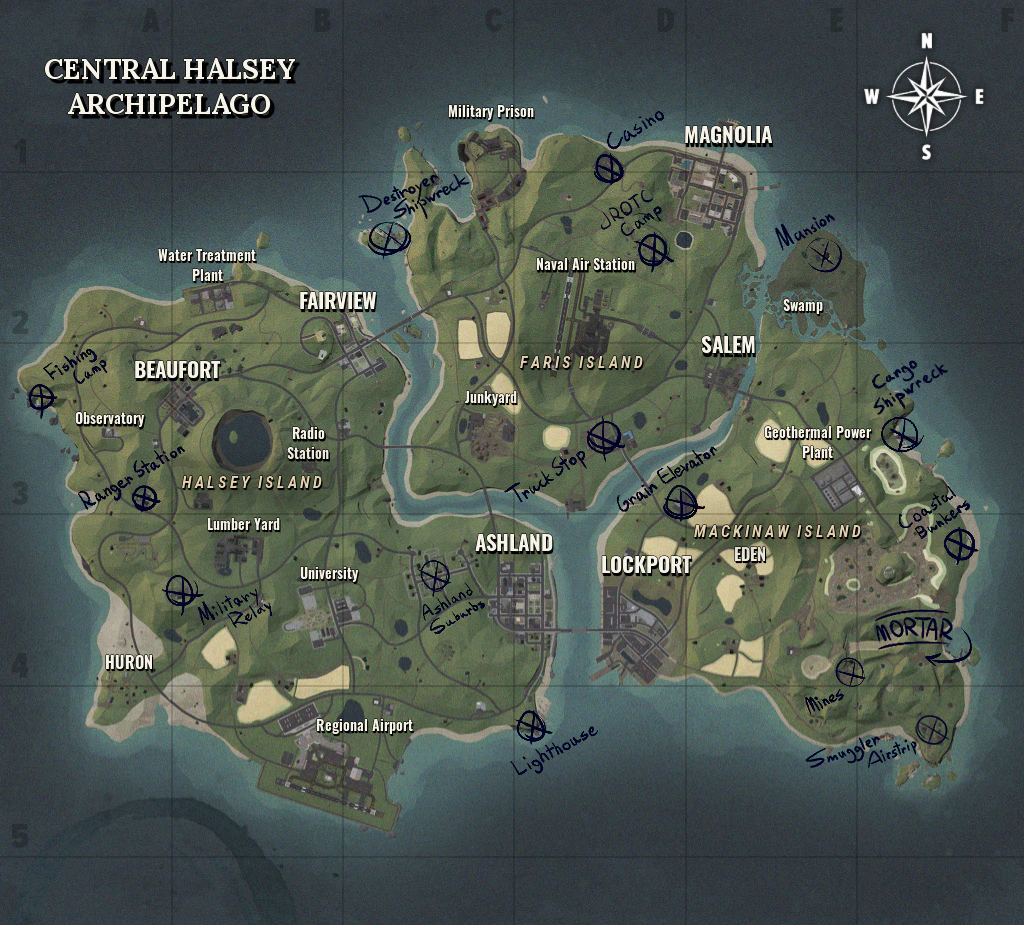 In-game map of the Central Halsey Archipelago, with location names and hand-drawn annotations