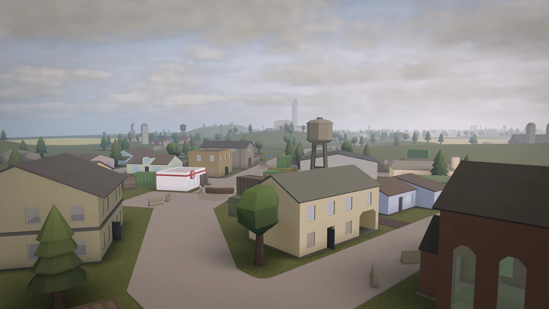Small town with houses, a clinic and a water tower