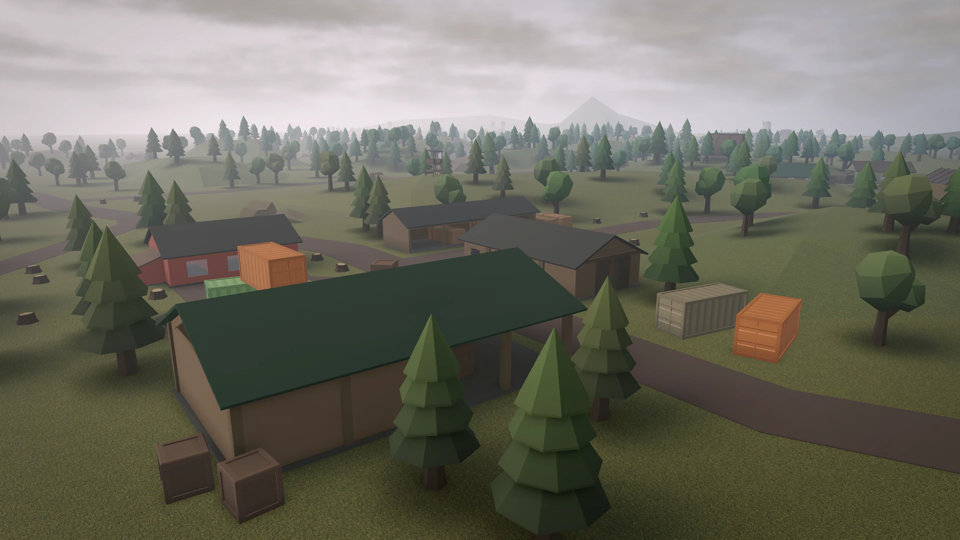 Forest camp with cabins and shipping containers among pine trees