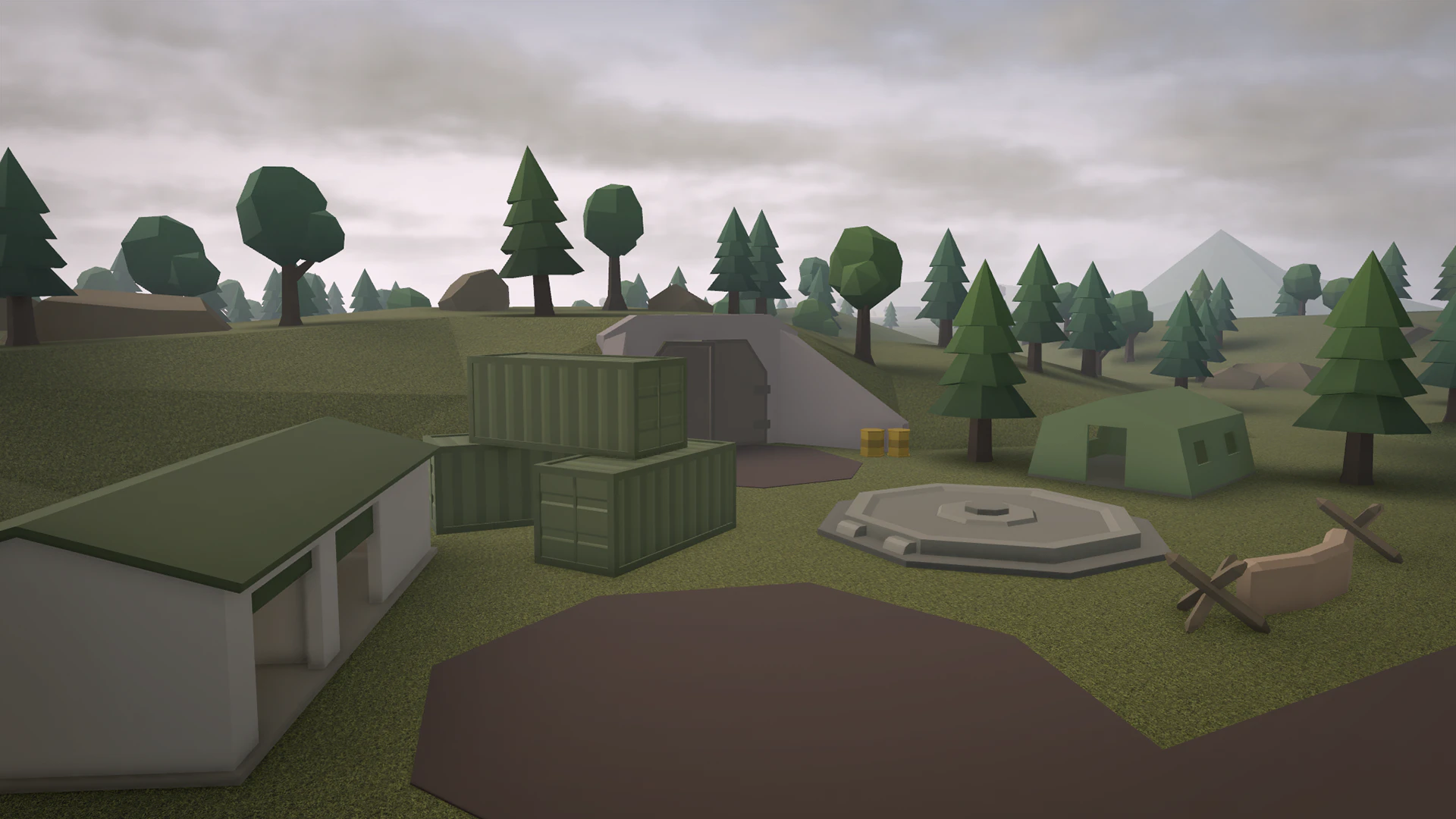 Military site with a bunker entrance, containers, a helipad and a tent