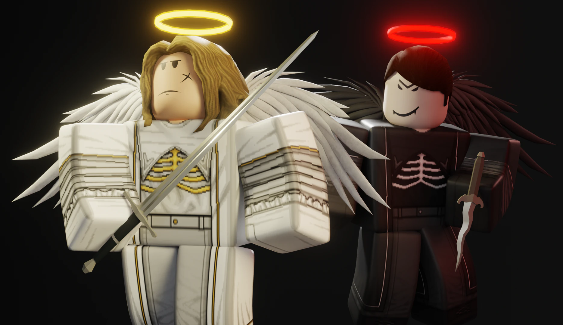 Store render: an angel and a fallen angel with halos, wings and blades