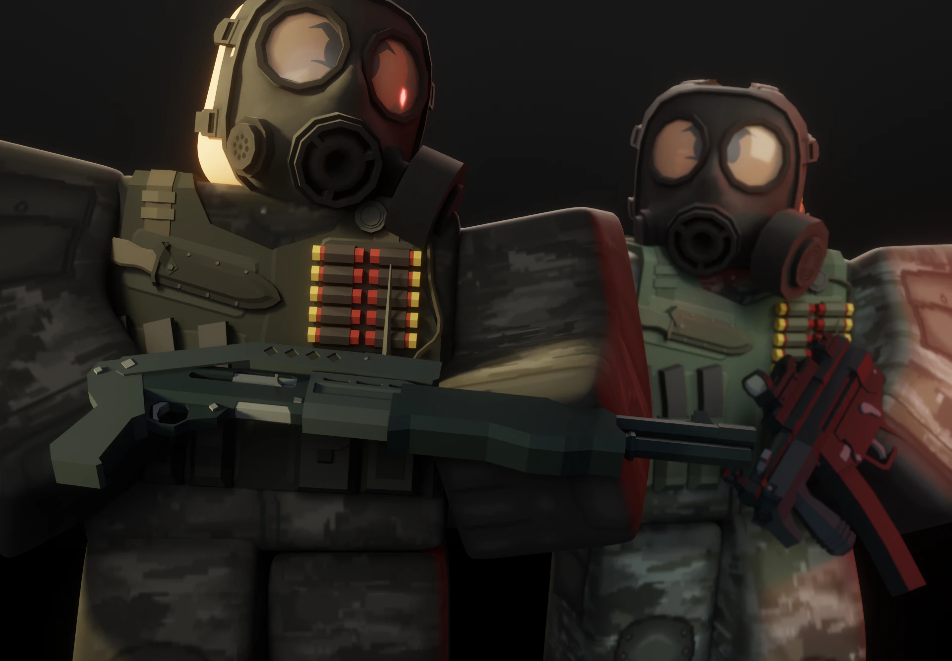 Store render: two soldiers in gas masks with a shotgun and an SMG