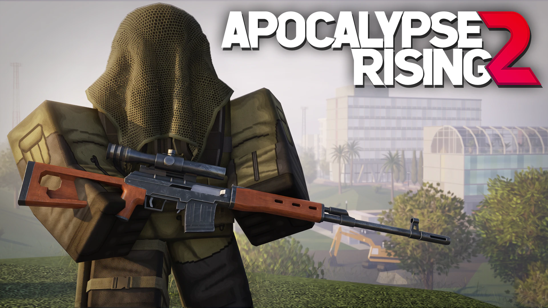 Thumbnail: a sniper in a net hood with an SVD rifle, with the Apocalypse Rising 2 logo