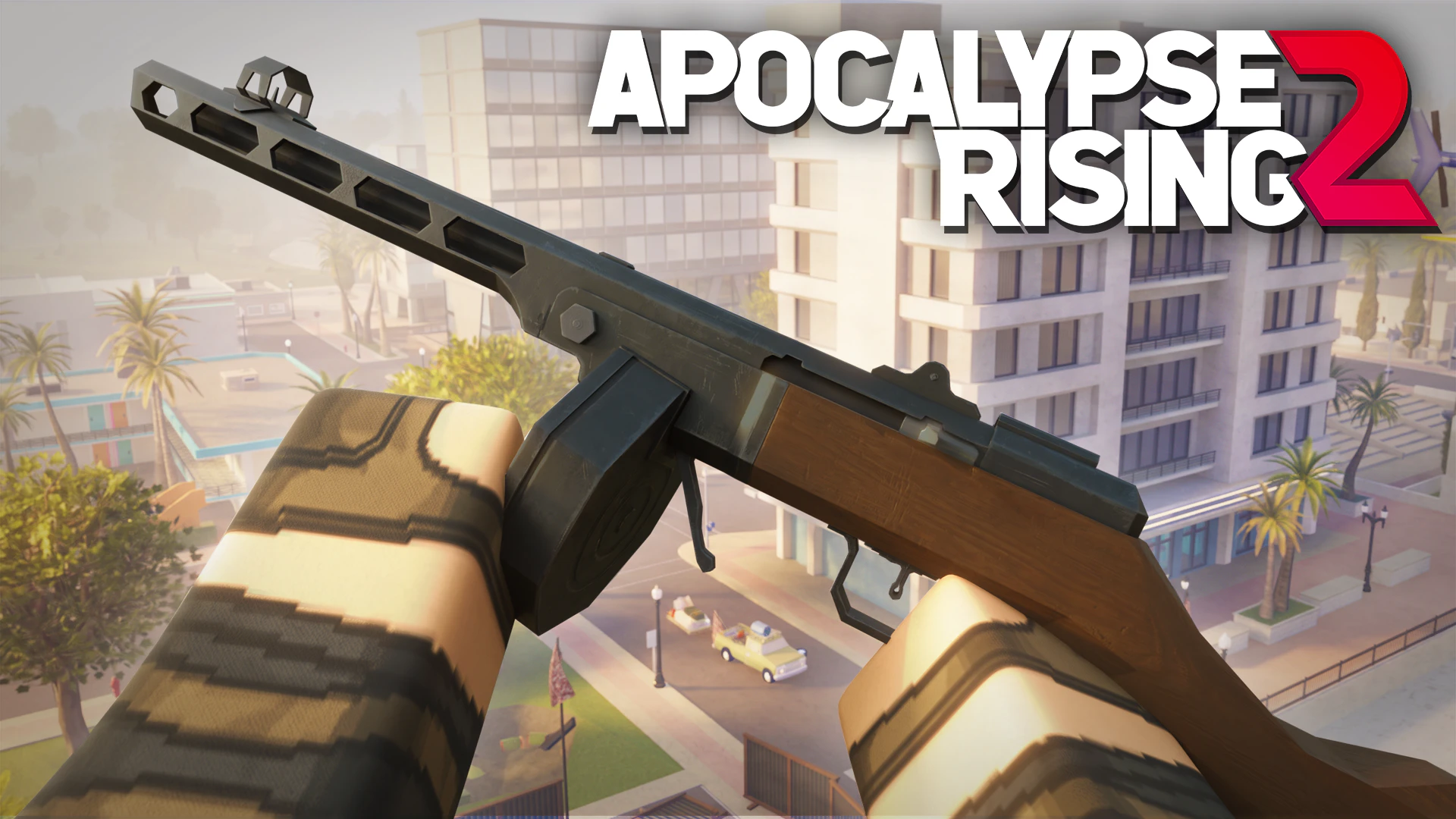 Thumbnail: first-person view holding a PPSh over a city street, with the Apocalypse Rising 2 logo
